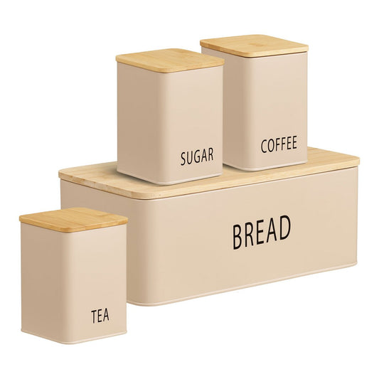 Tula Brotkasten mit 3 Dosen, Metall/Bambus, beige, 4er-Set
