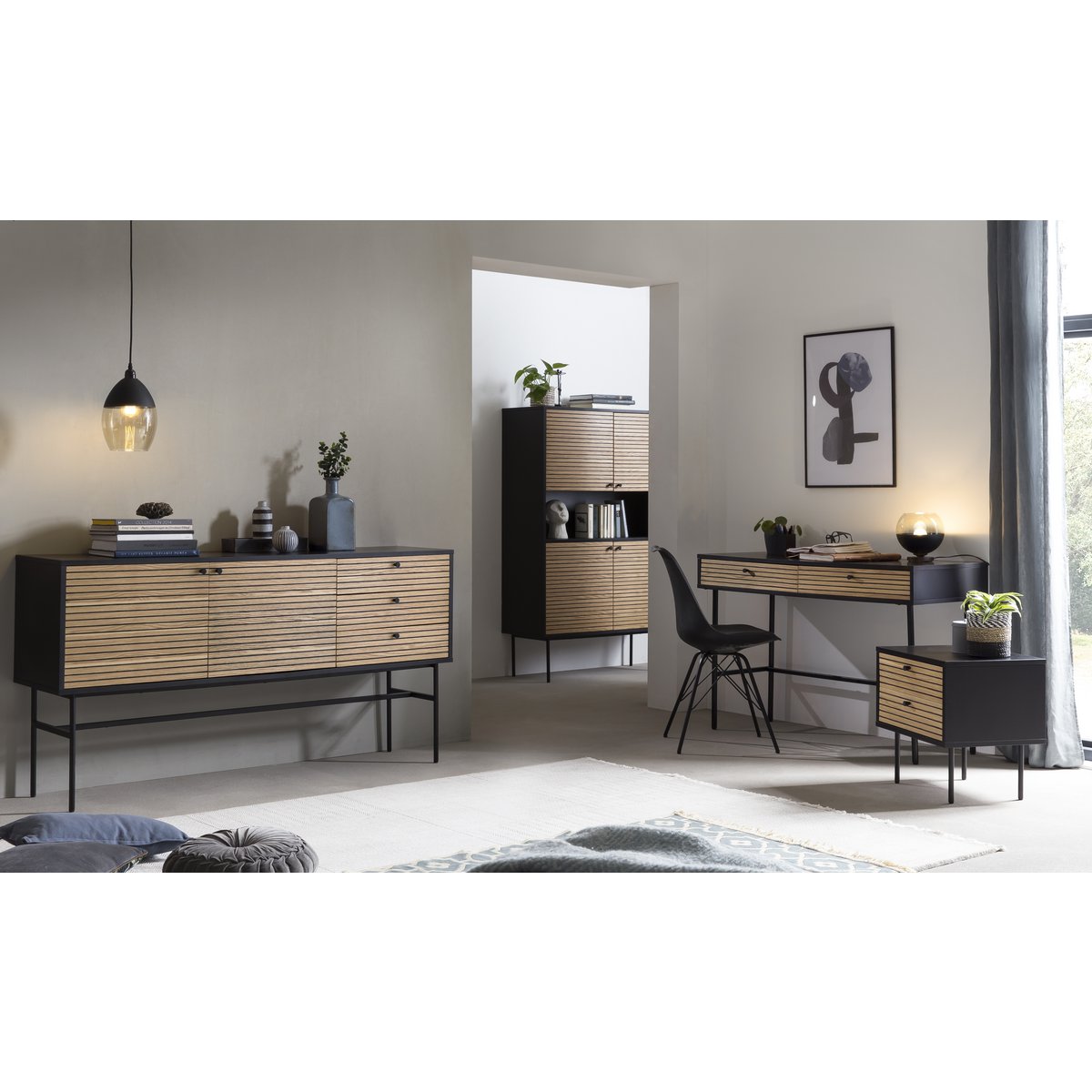 Desk black/oak real wood veneer