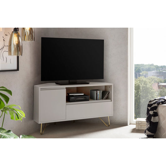 Corner TV lowboard with drawer, folding compartment and open compartment