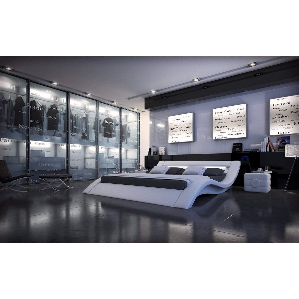 Upholstered bed 180x200 cm LED white faux leather look