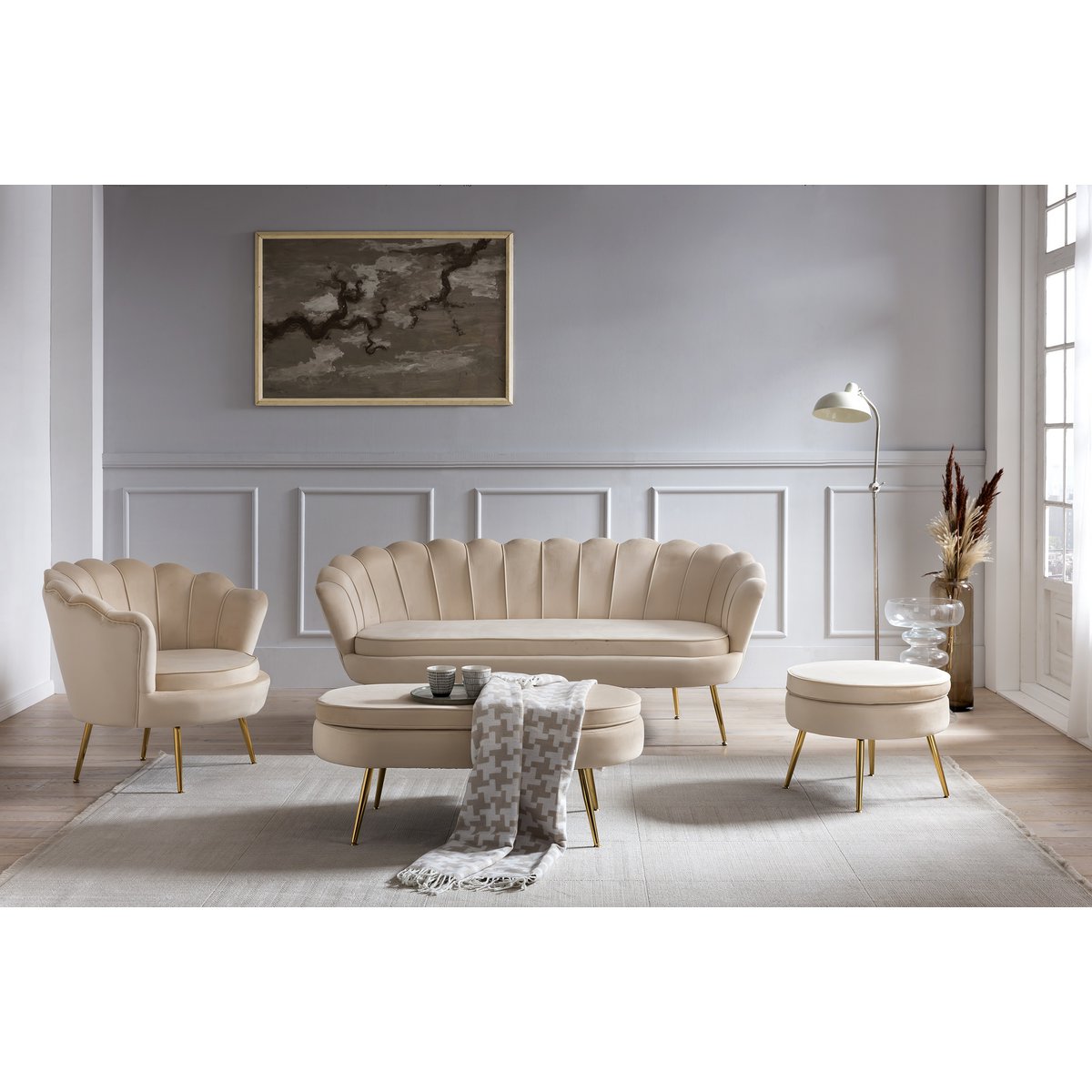 Shell armchair in beige velvet