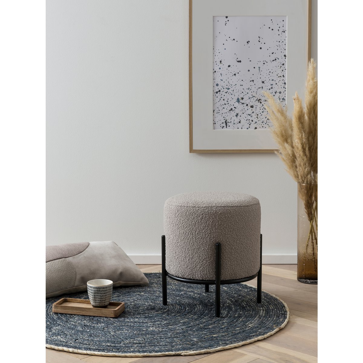 Polsterhocker Ø35 cm Bouclé Stoff Taupe