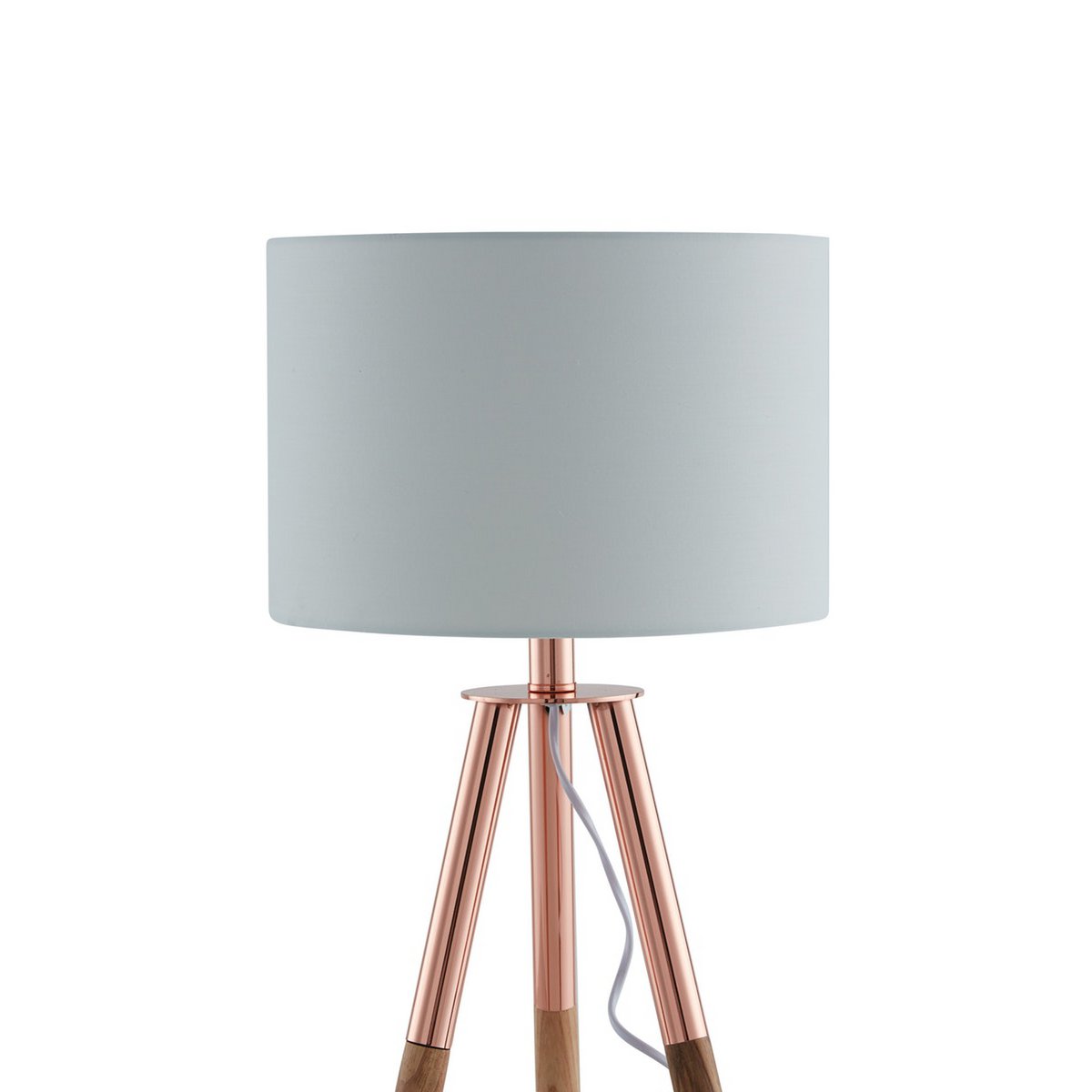 Table lamp with wooden frame and copper / oak fabric shade