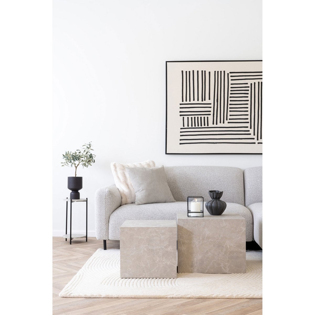 Leuven Beistelltisch - Schwarz/Beige, Stahl, MDF, Ø27x46cm