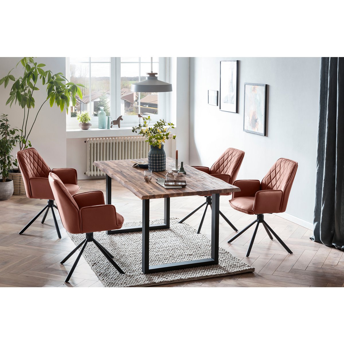 Cognac armchair set of 2 with 360° rotation function
