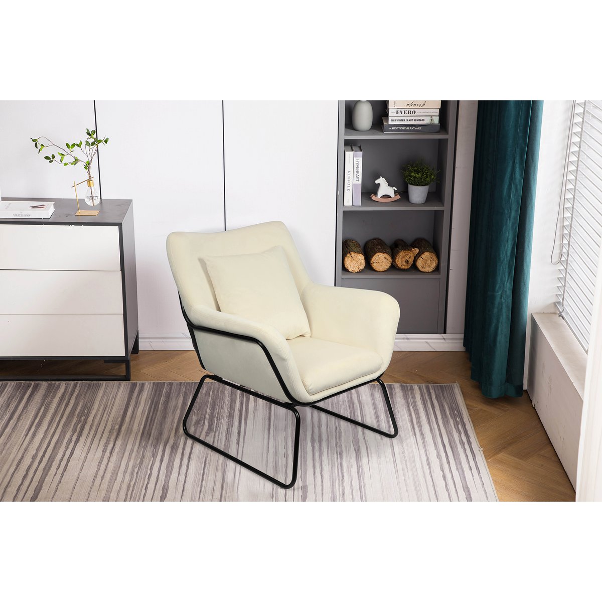 Lounge chair upholstered in beige velvet