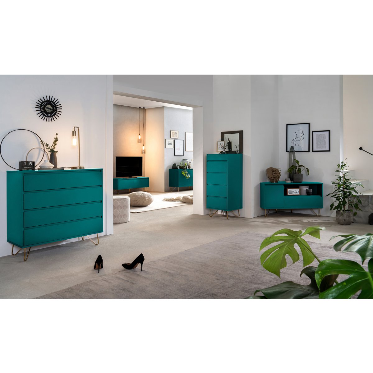 Corner TV lowboard with drawer, folding compartment and open compartment