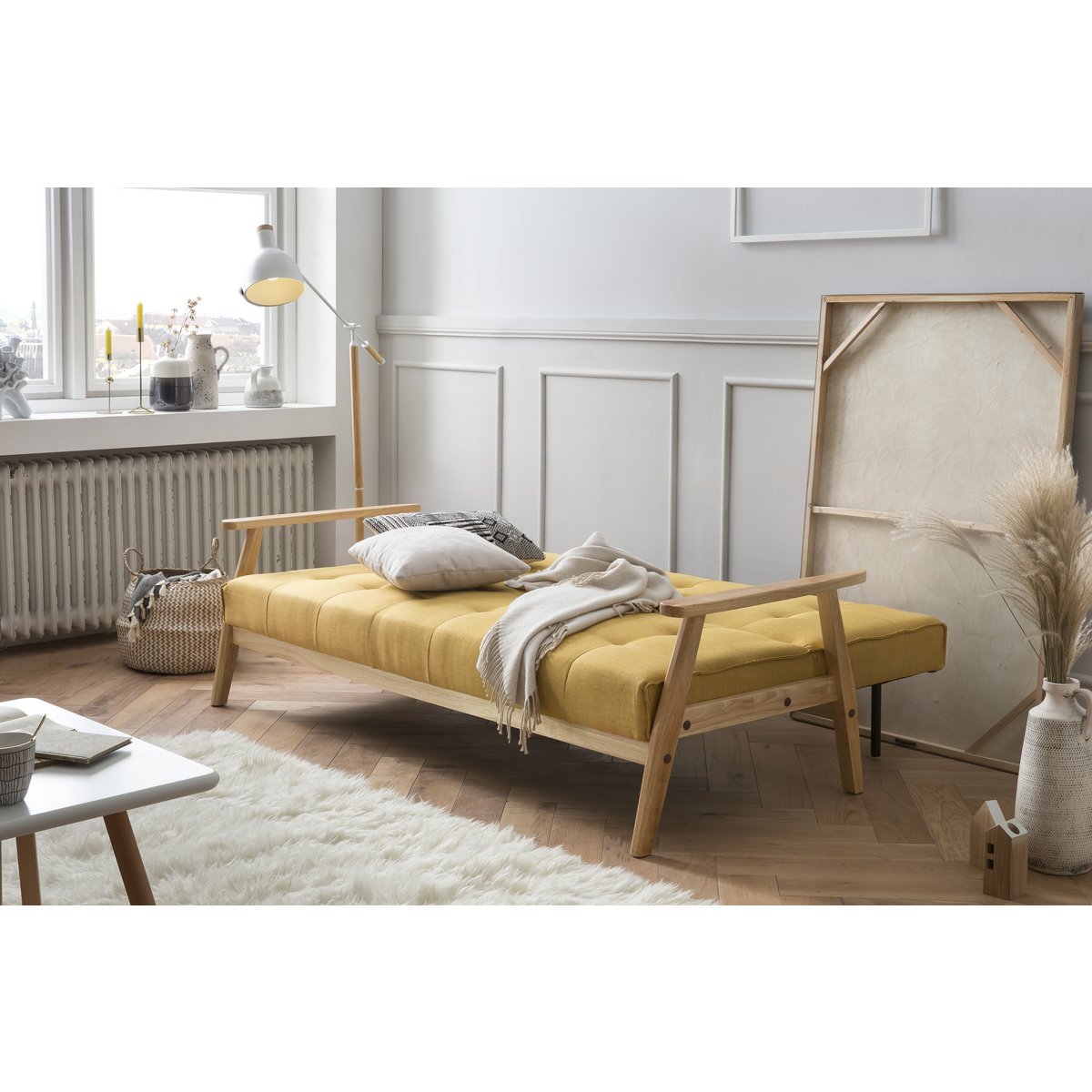 Sofa bed Scandinavian structured fabric mustard yellow