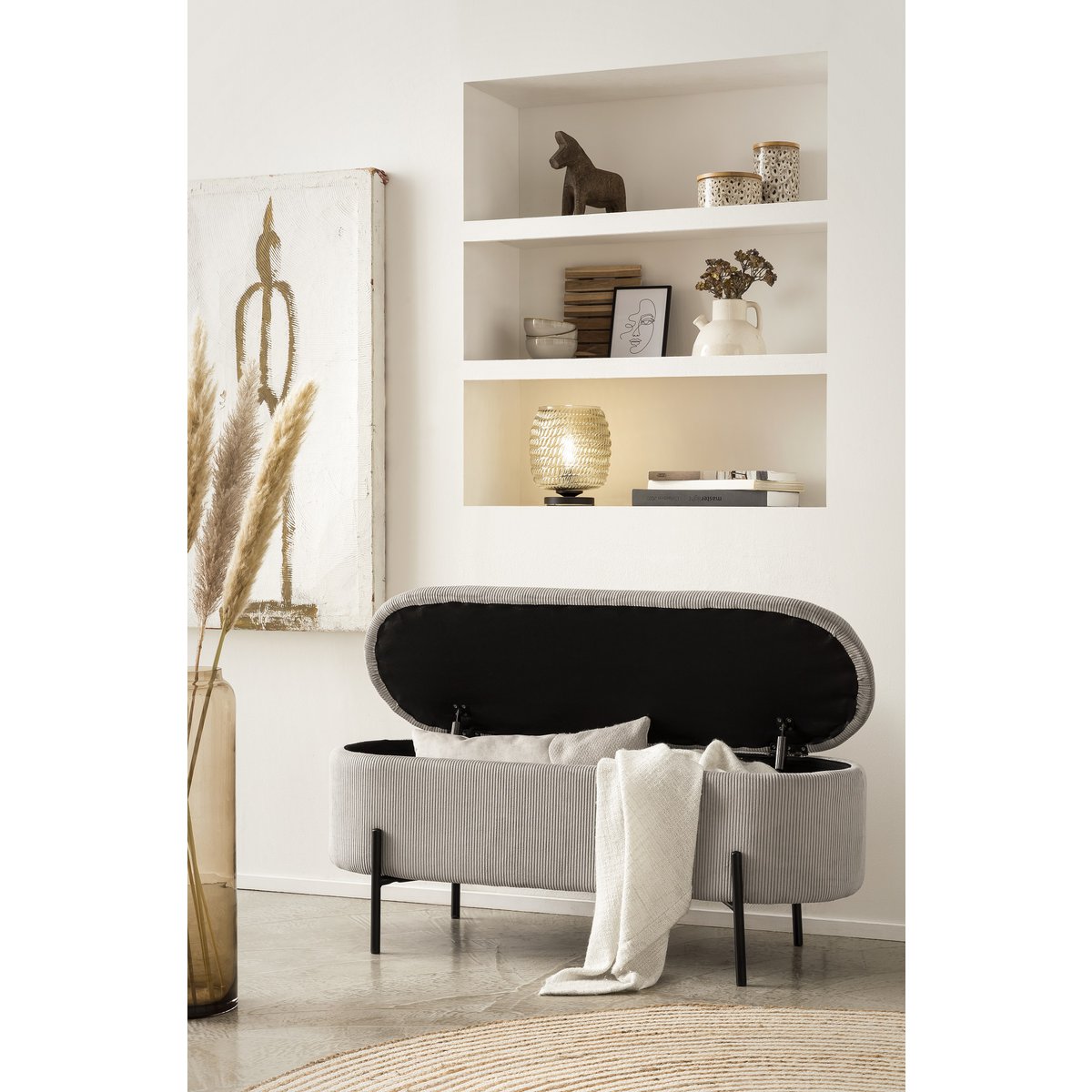 Bed bench with storage space function light gray