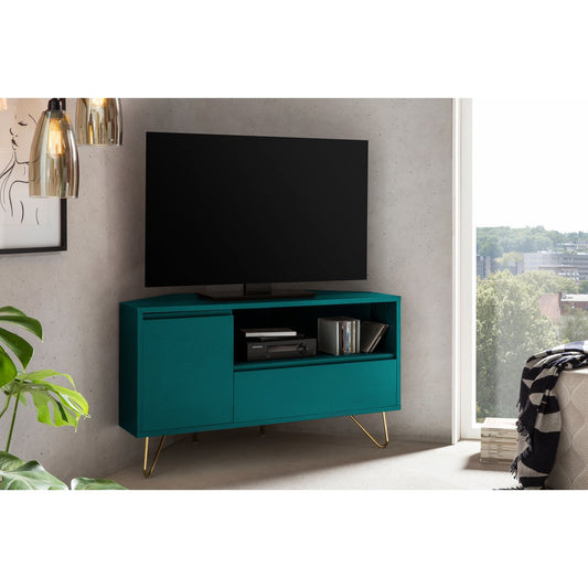 Corner TV lowboard with drawer, folding compartment and open compartment