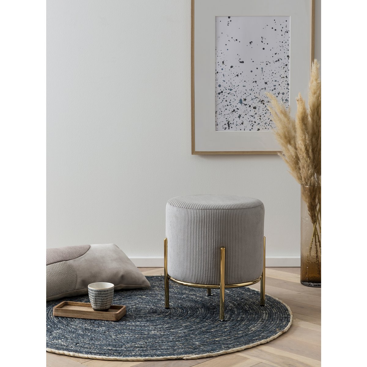 Upholstered stool Ø35 cm corduroy look light gray
