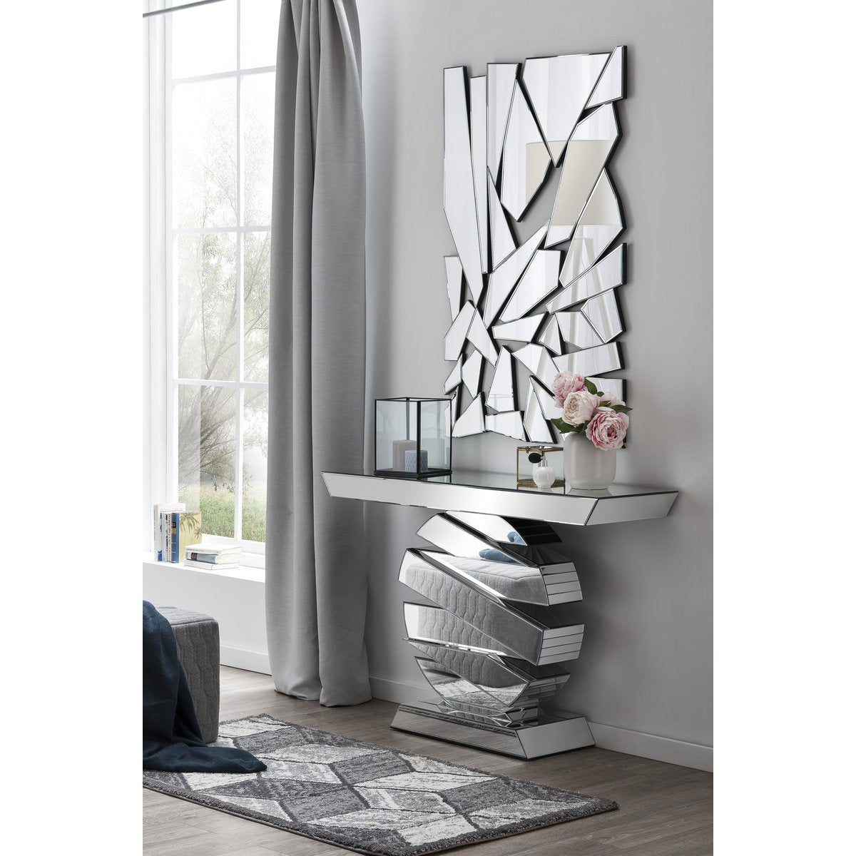 Table made of MDF with mirror glass, round base