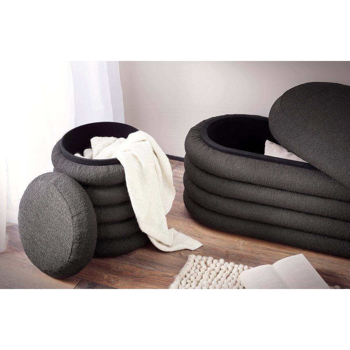 Bouclé Polsterhocker/Bettbank Anthrazit