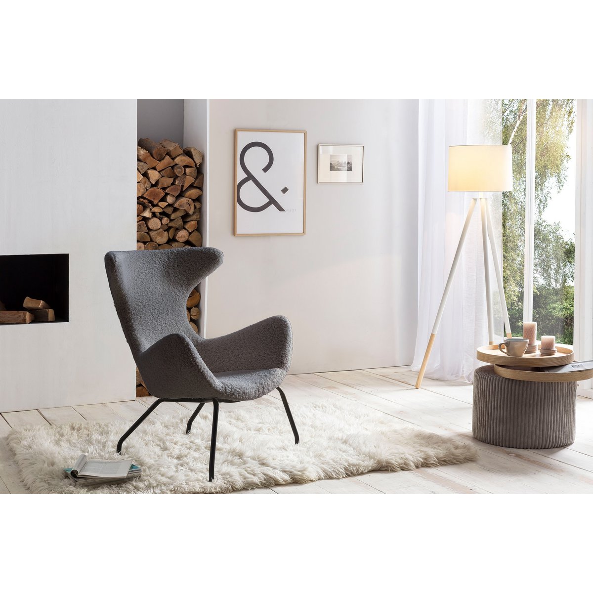 Side table light gray textured fabric