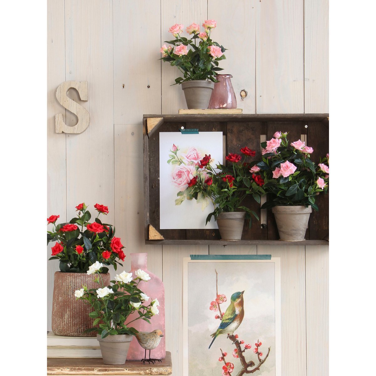 Künstliche Rosenstrauchpflanze im Blumentopf Stan – H33 x Ø25 cm – Weiß