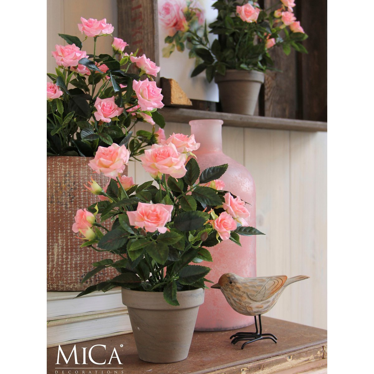 Künstliche Rosenstrauchpflanze im Blumentopf Stan – H33 x Ø25 cm – Rosa