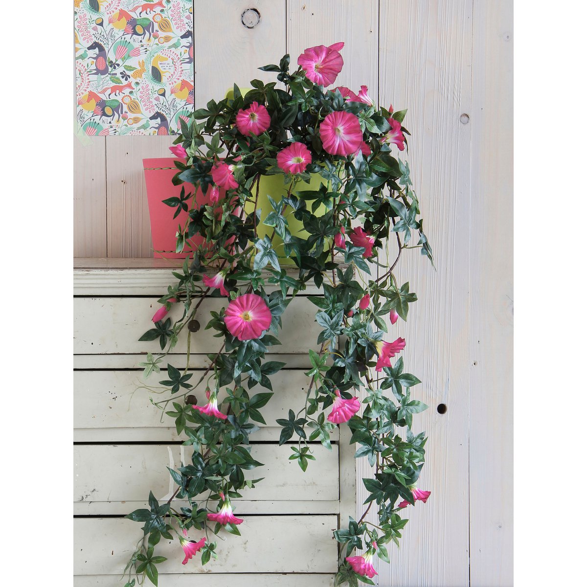 Künstliche Petunien-Hängepflanze im Stan-Blumentopf – L25 x B45 x H50 cm – Dunkelrosa