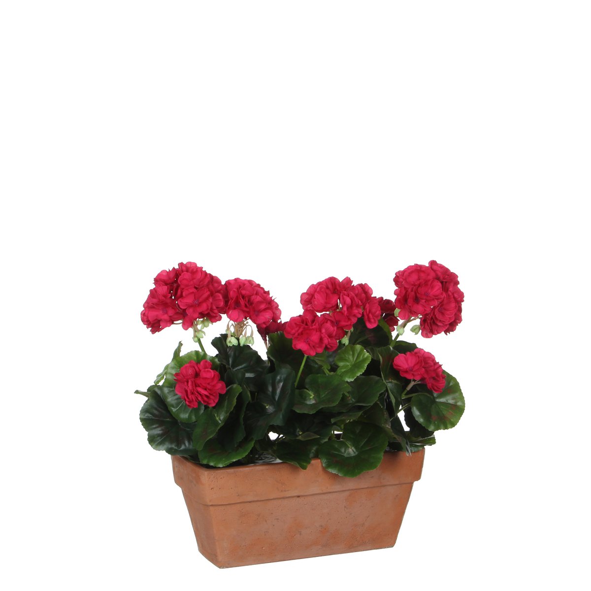 Künstliche Geranienpflanze im Balkonkasten – L29 x B13 x H40 cm – Dunkelrosa