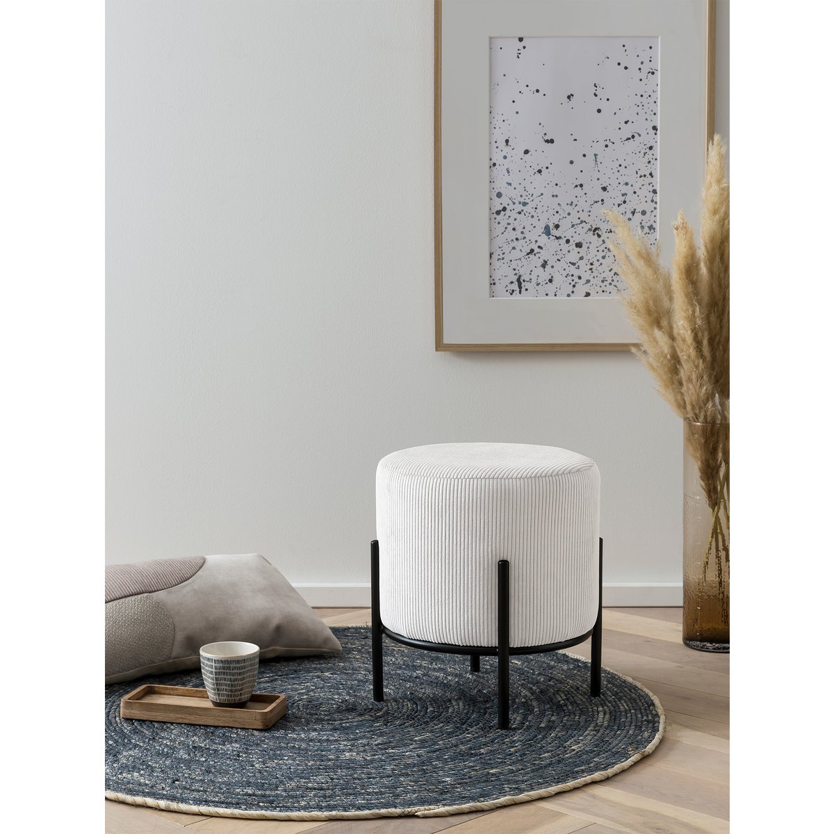 Upholstered stool Ø35 cm cord optic beige