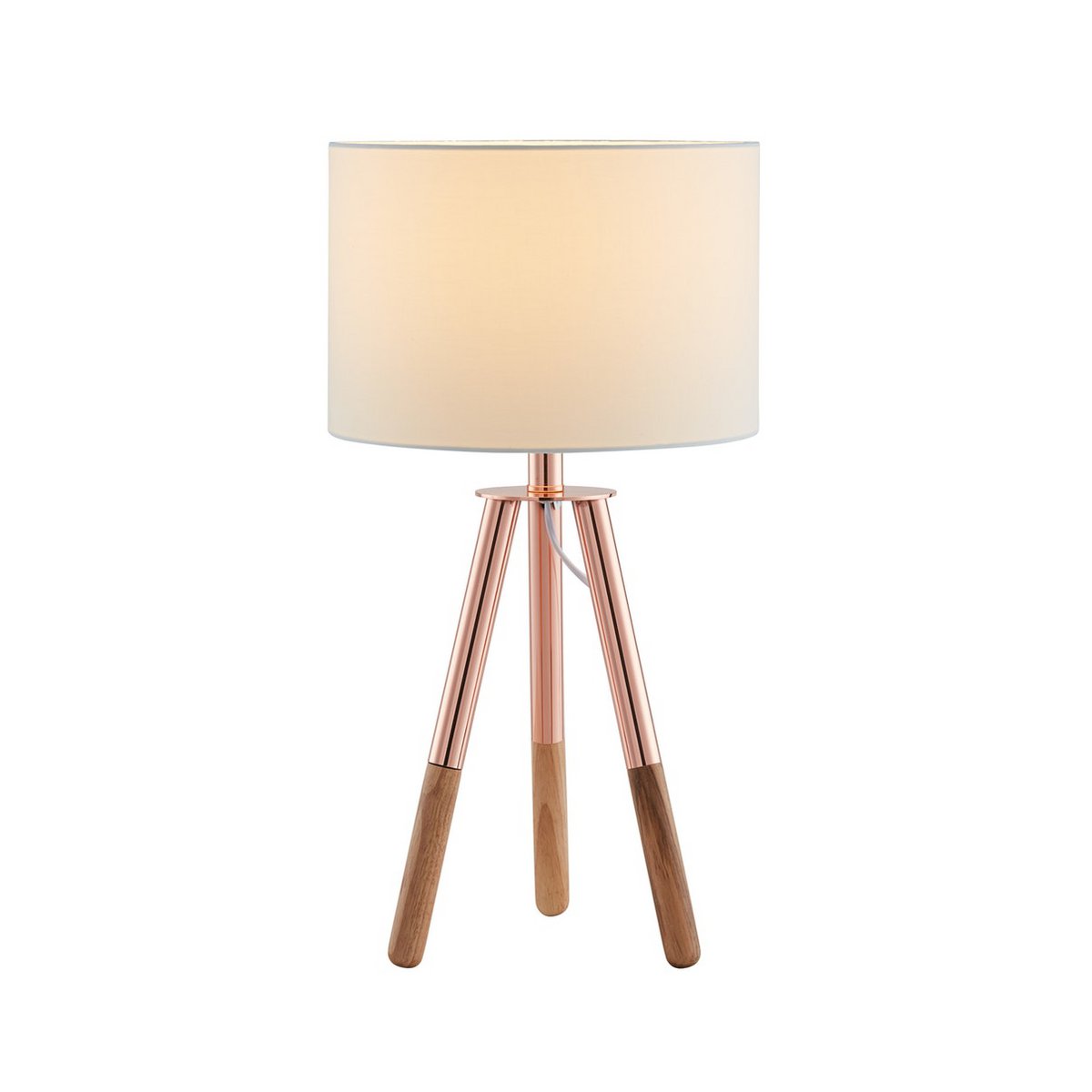 Table lamp with wooden frame and copper / oak fabric shade