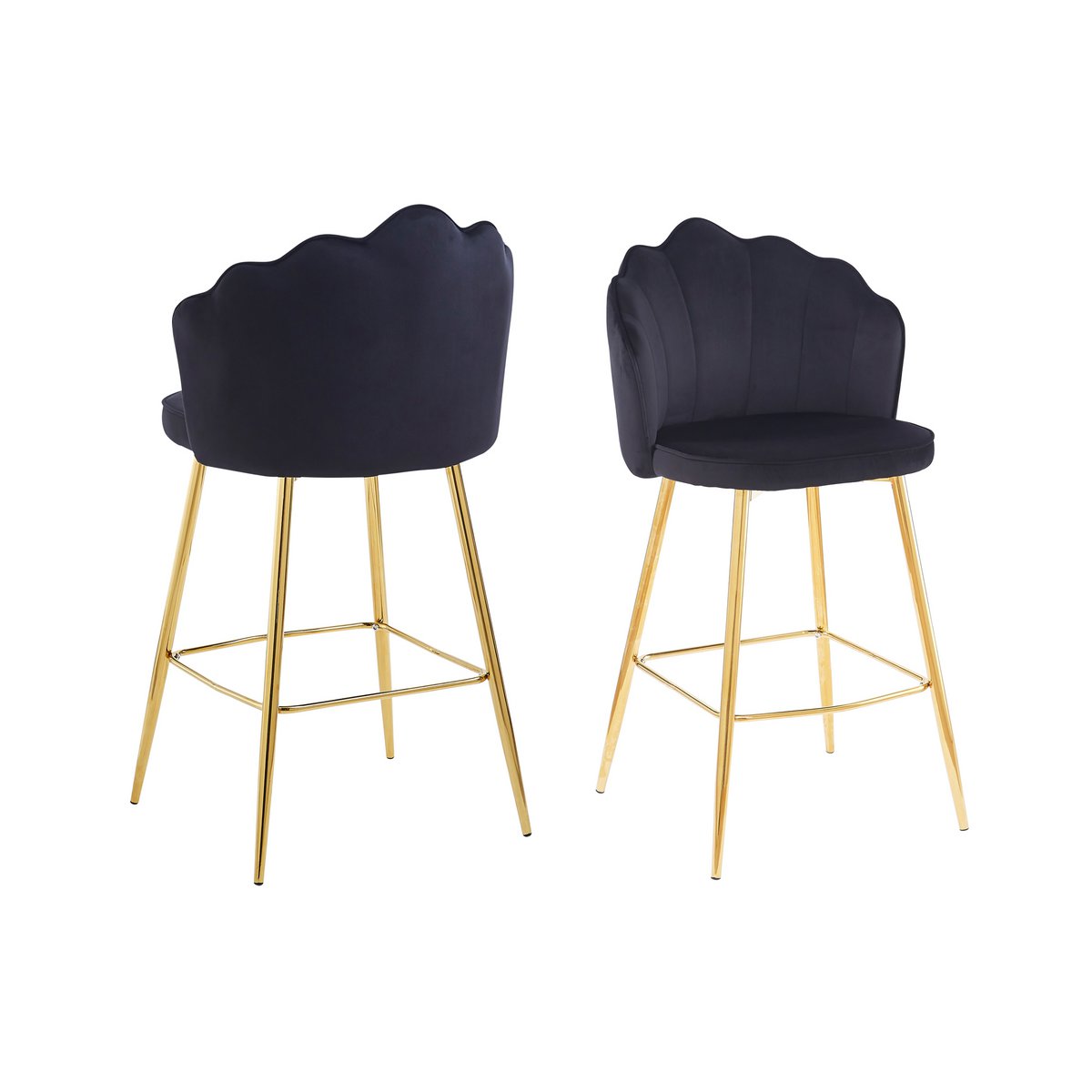Set of 2 shell design bar stools in black velvet