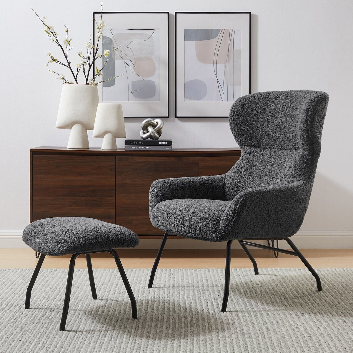 Sessel und Hocker Set Teddyfell Anthrazit