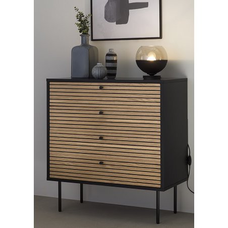 Chest of drawers black/oak real wood veneer