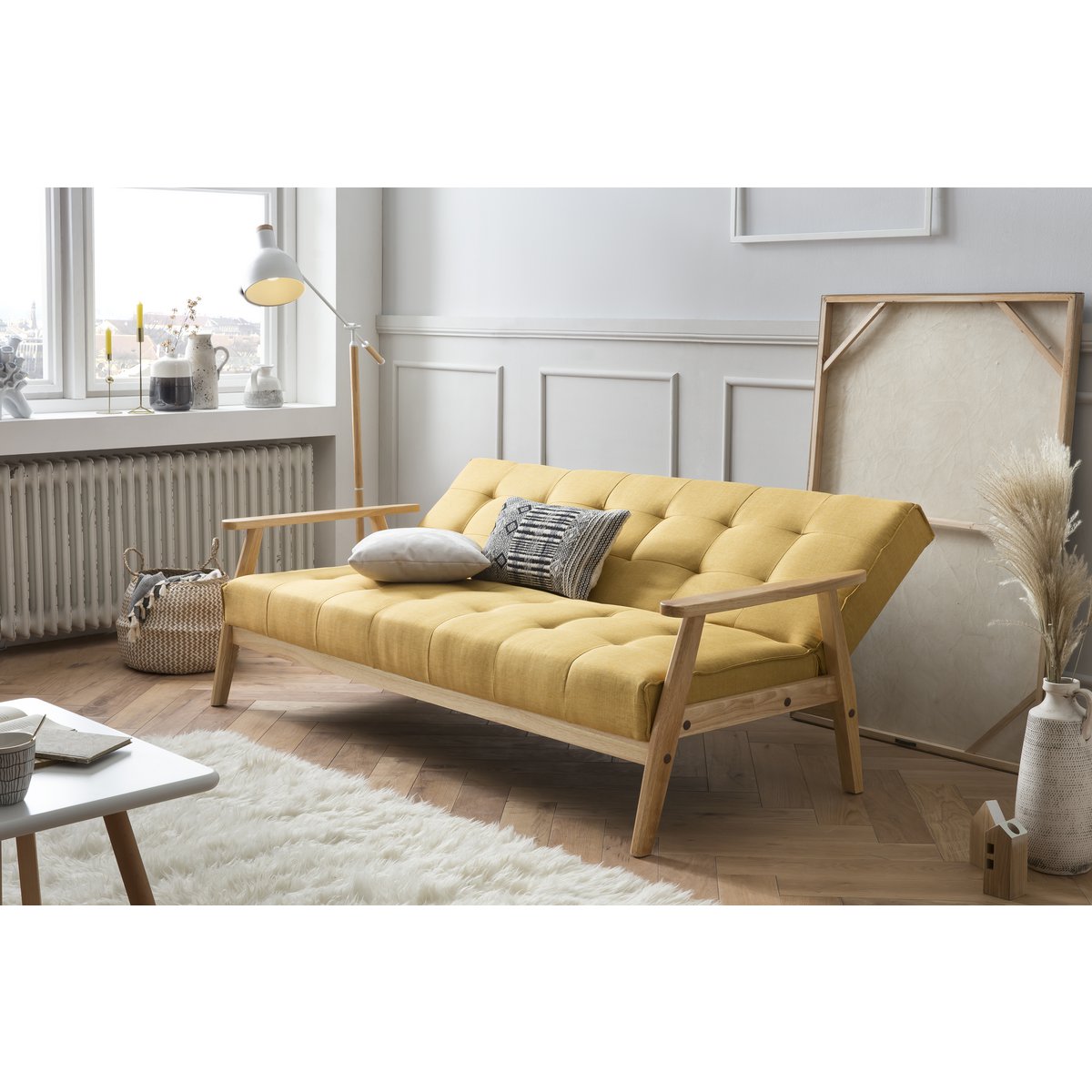 Sofa bed Scandinavian structured fabric mustard yellow