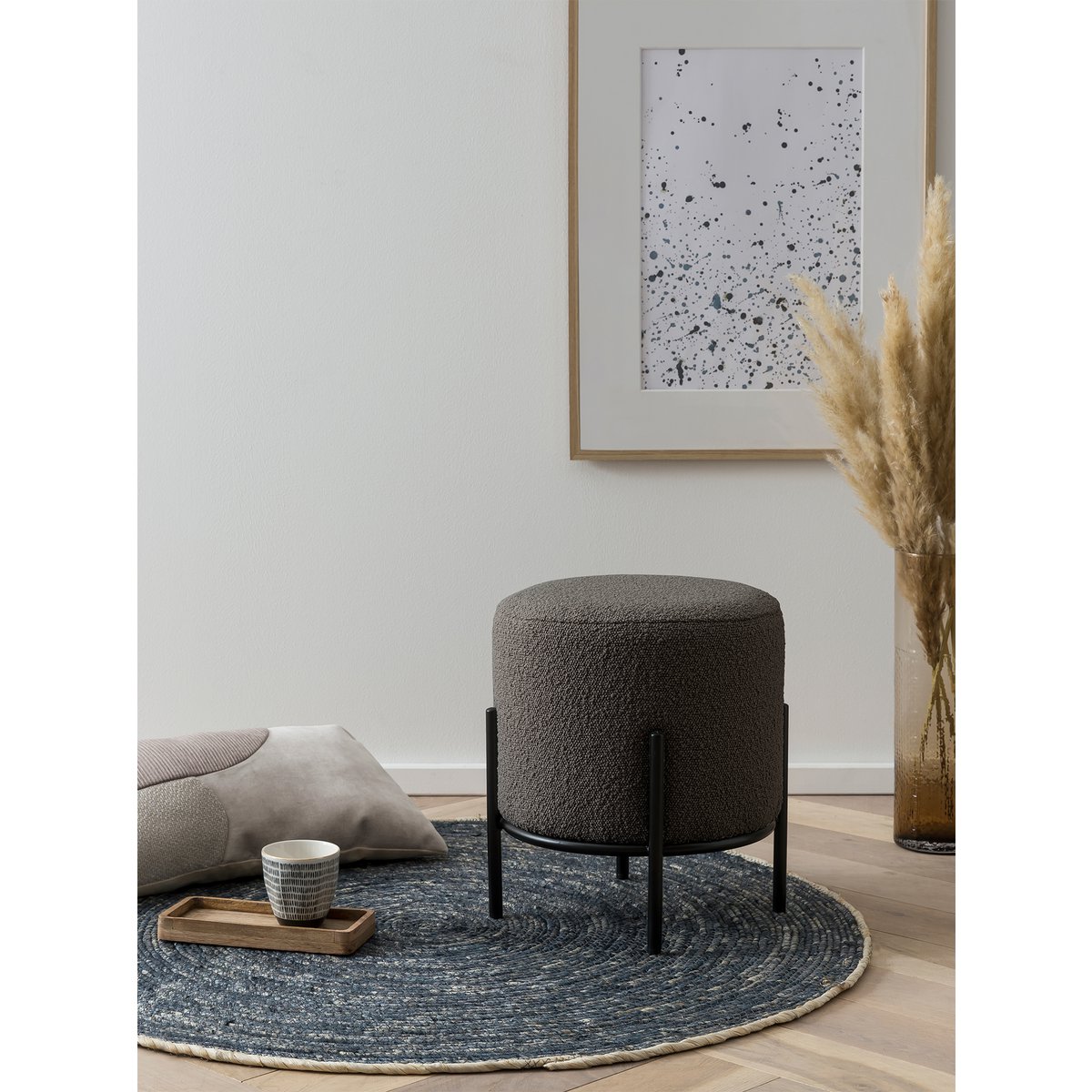 Polsterhocker Ø35 cm Bouclé Stoff Anthrazit