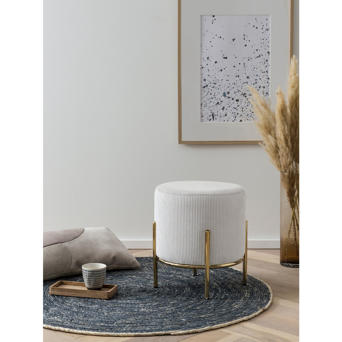 Upholstered stool Ø35 cm cord optic beige