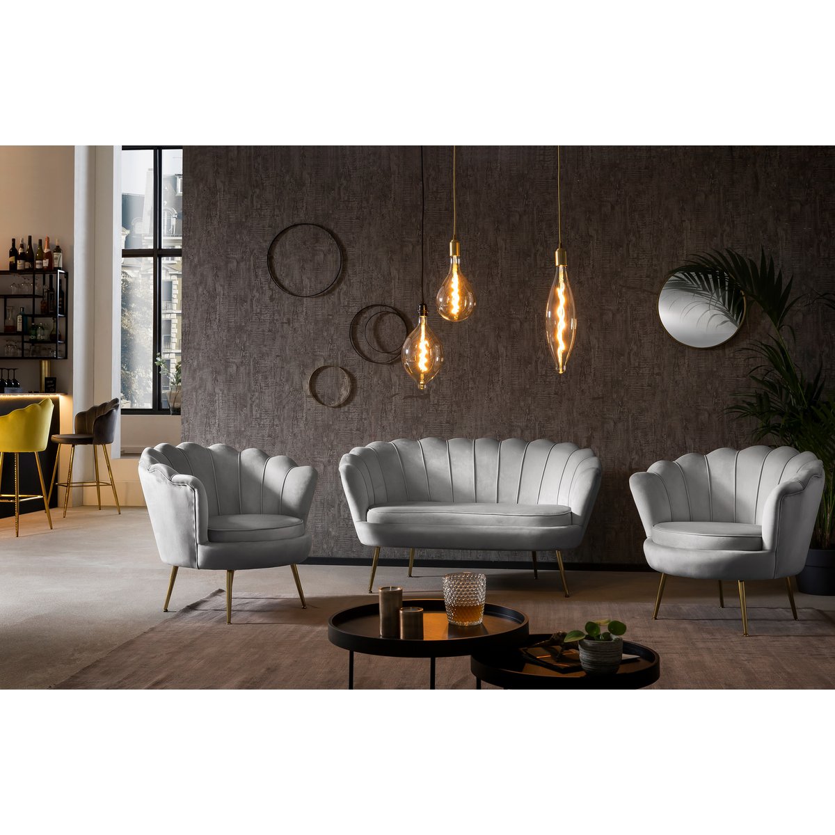 Velvet shell armchair in light grey
