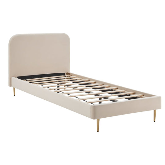 Upholstered bed with beige velvet cover 90x200 cm