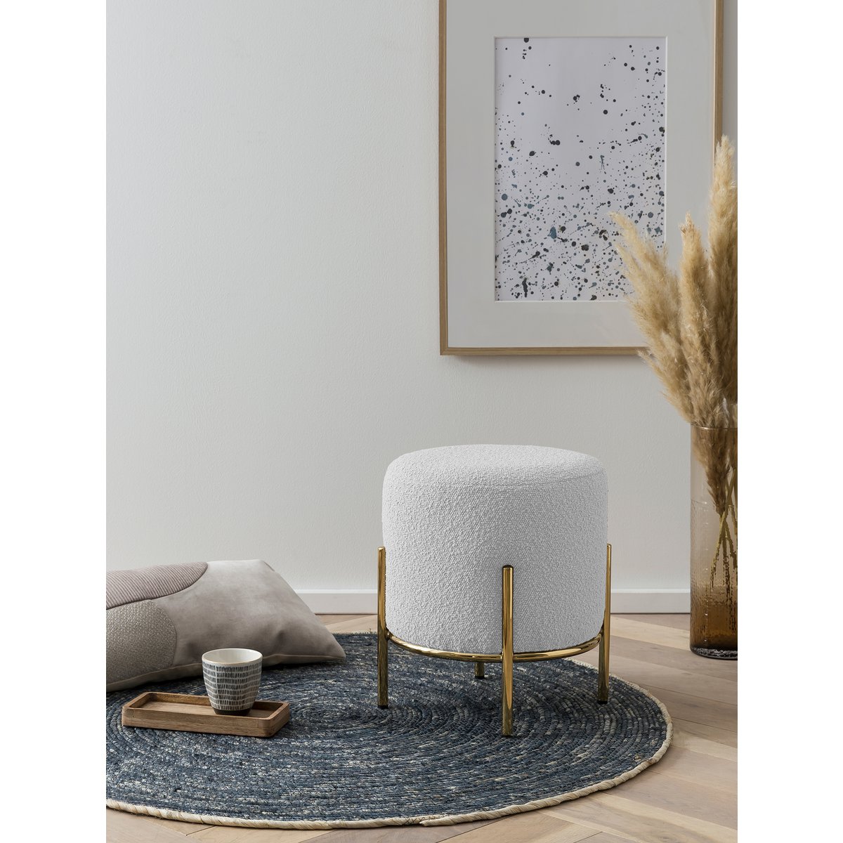 Polsterhocker Ø35 cm Bouclé Stoff Weiß