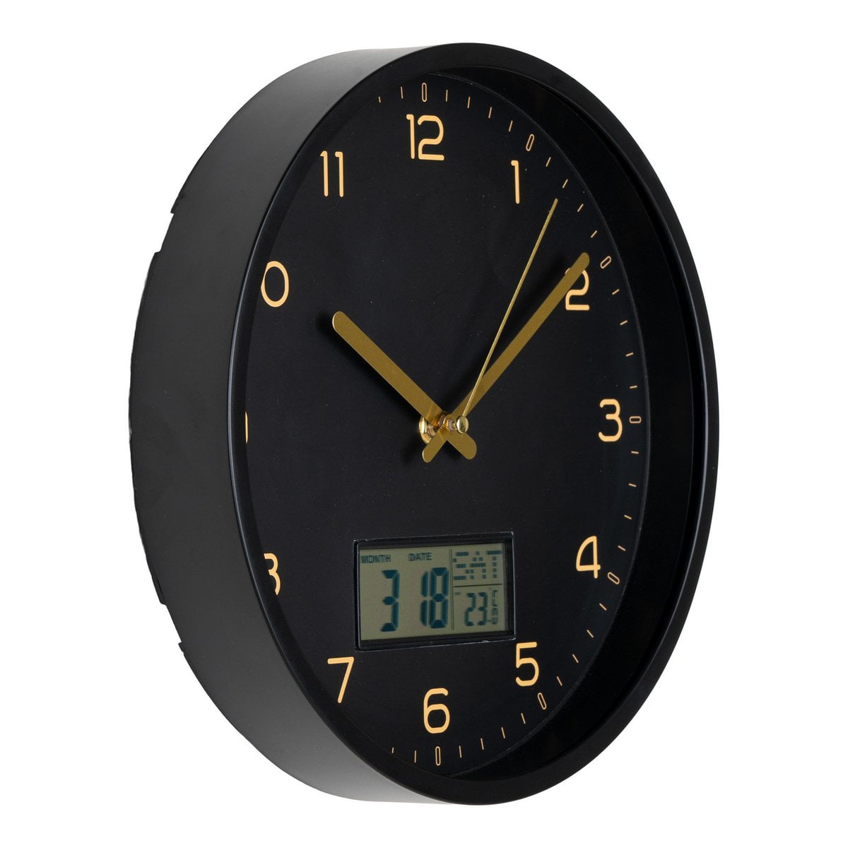 Amiens Wanduhr - Schwarz, Kunststoff, Glas, LCD, Ø25cm