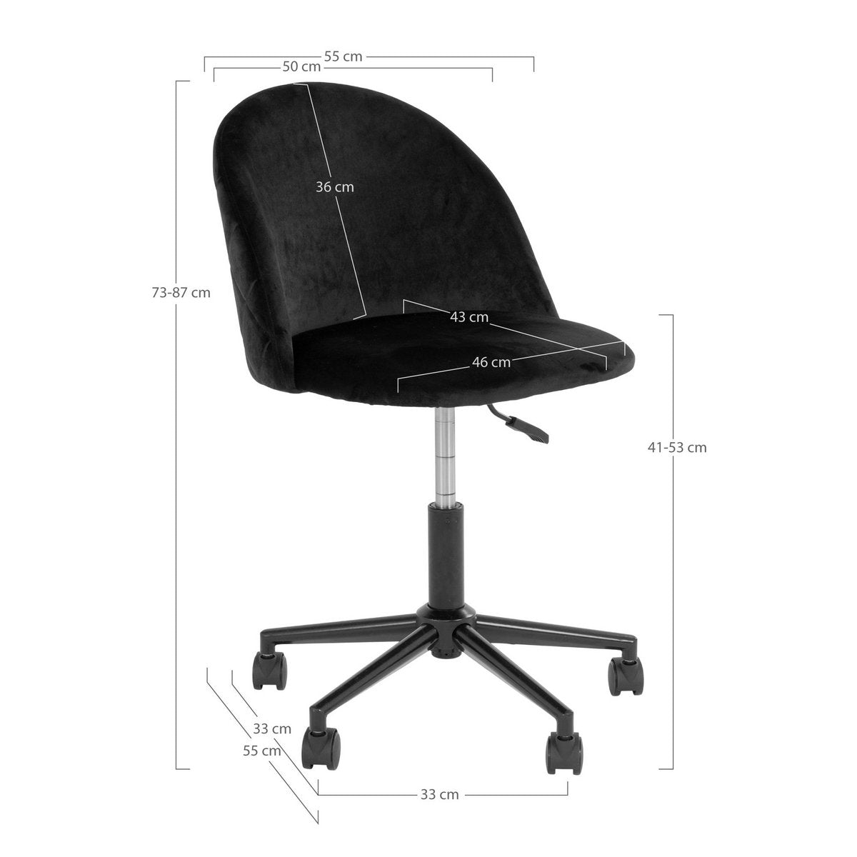 Geneve Bürostuhl – schwarzer Samt, schwarze Beine, 55 x 55 x 73 cm