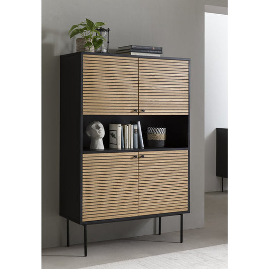 Highboard black/oak real wood veneer