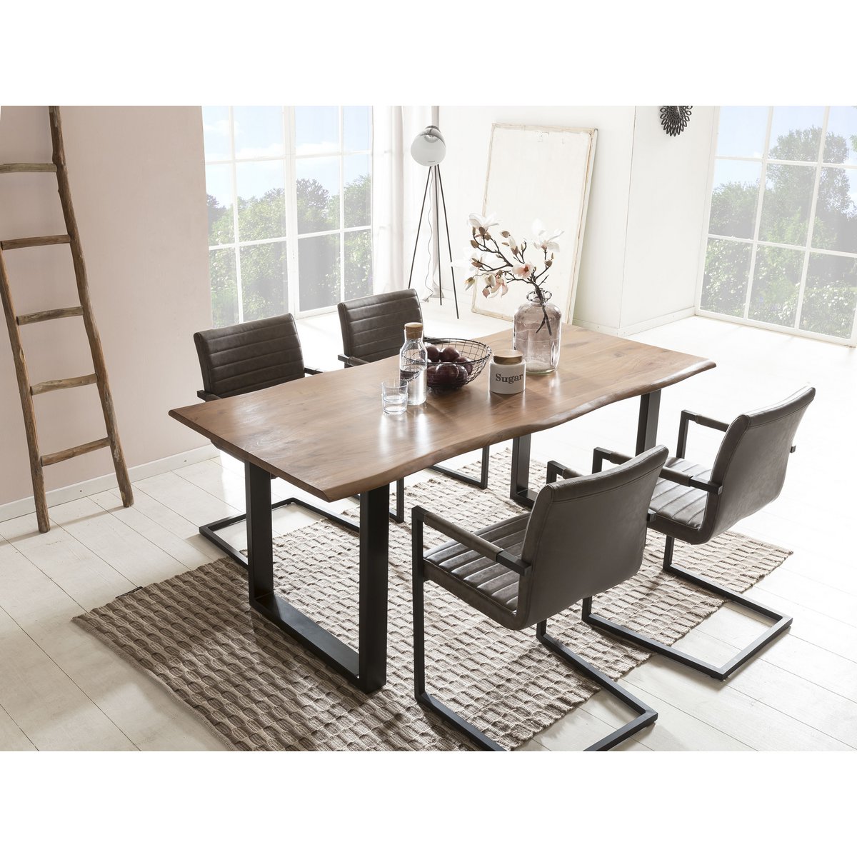 Dining chair, set of 2, dark brown faux leather look