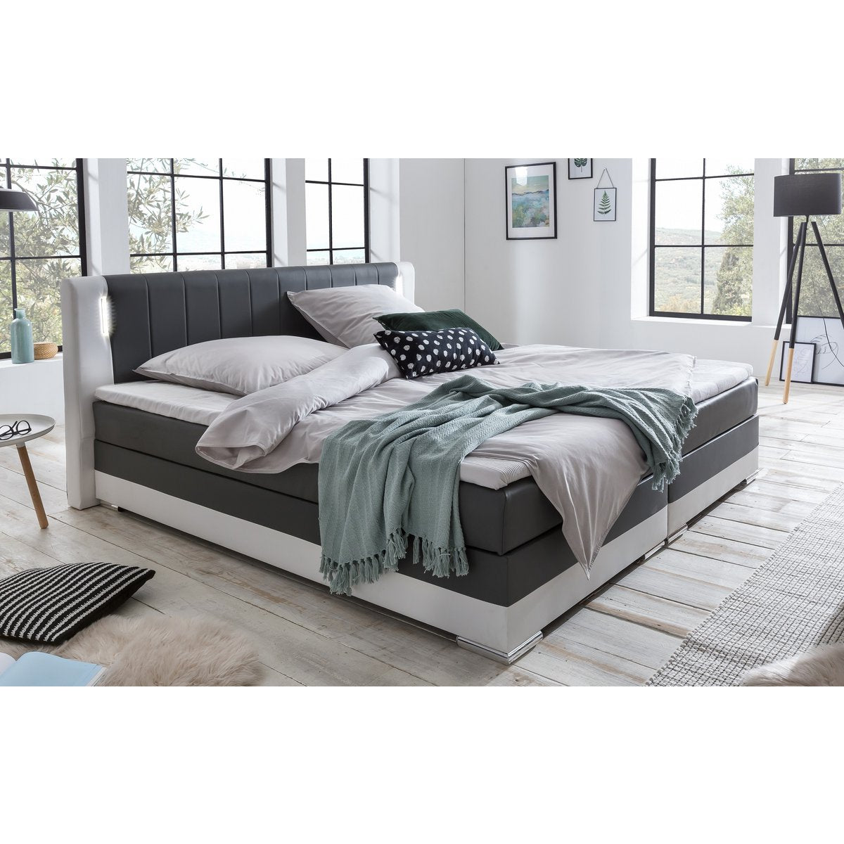 Box spring bed 180 x 200 cm LED grey/white faux leather look