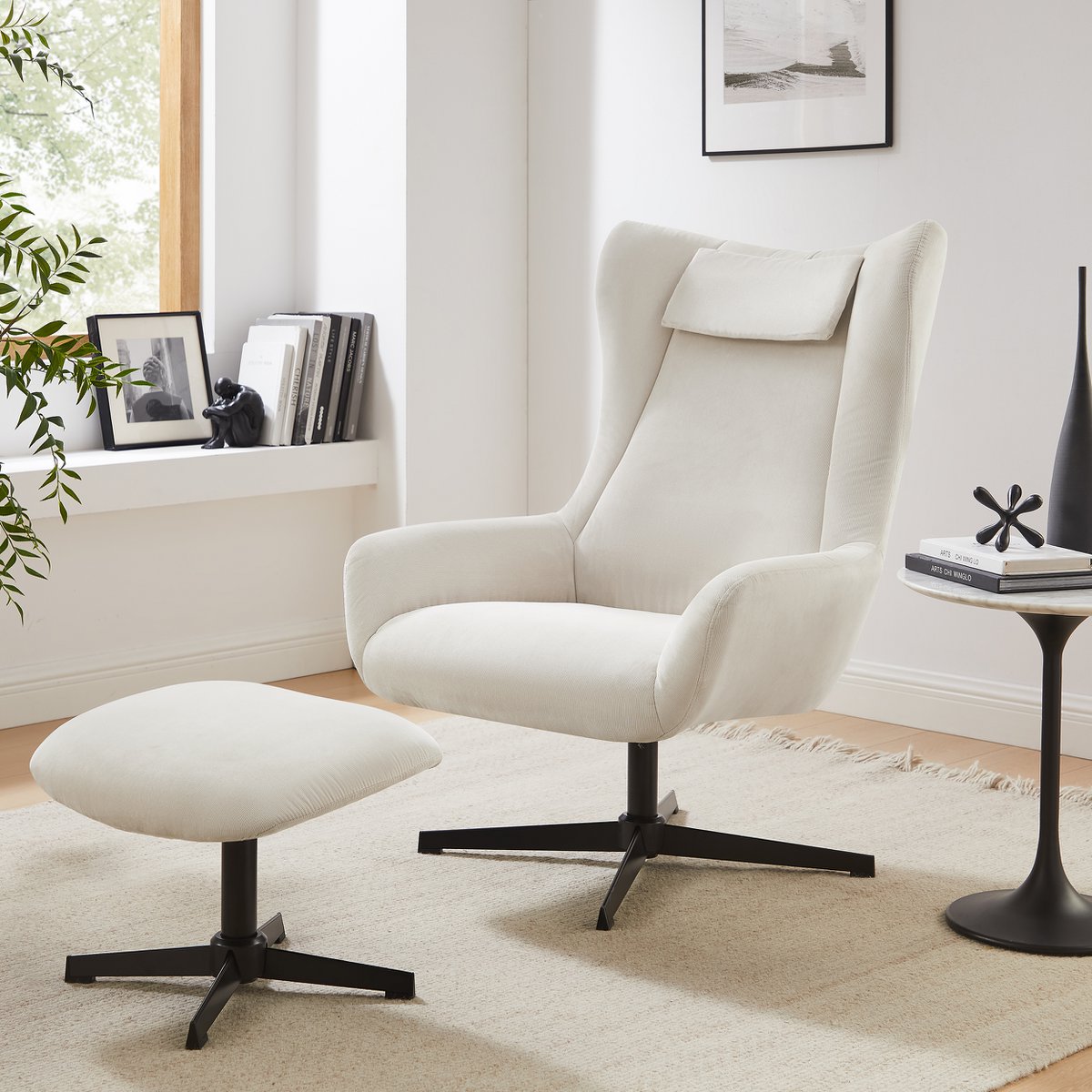 Armchair and stool corduroy look beige