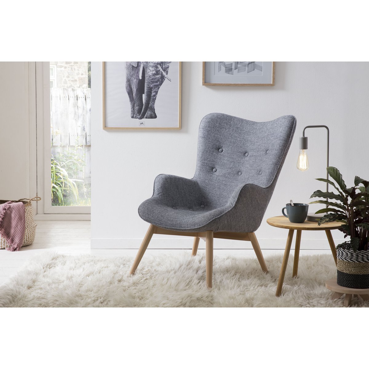 Armchair in gray woven fabric