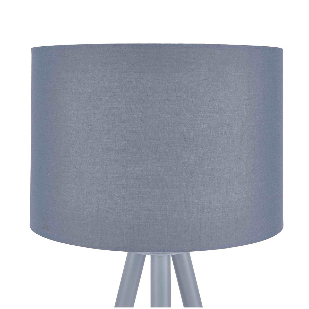 Floor lamp with wooden frame and grey/natural textile shade