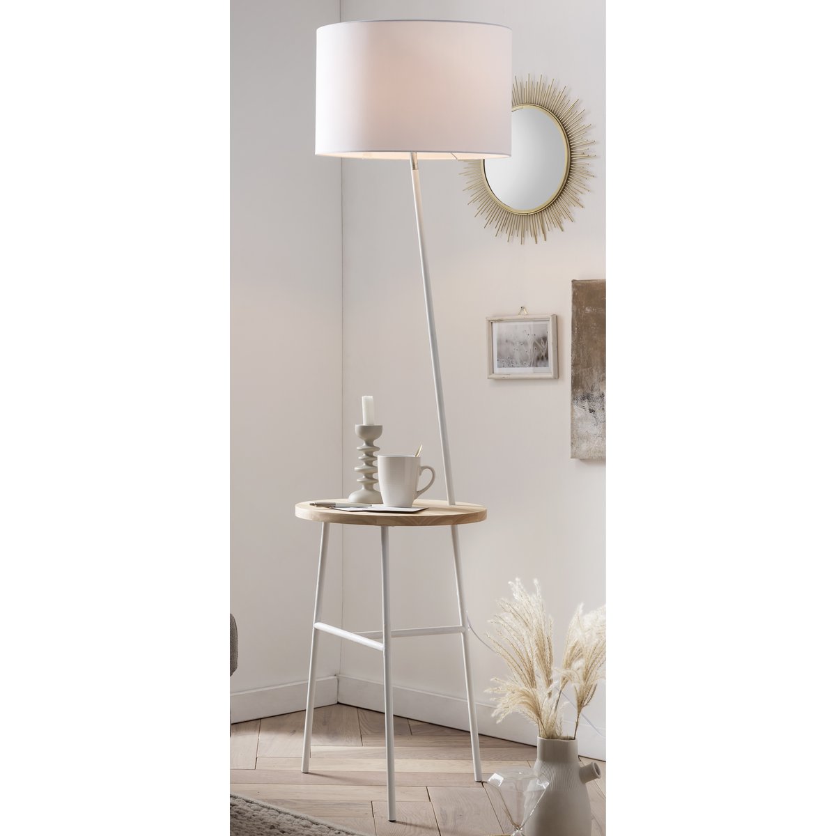 Floor lamp with wooden tray