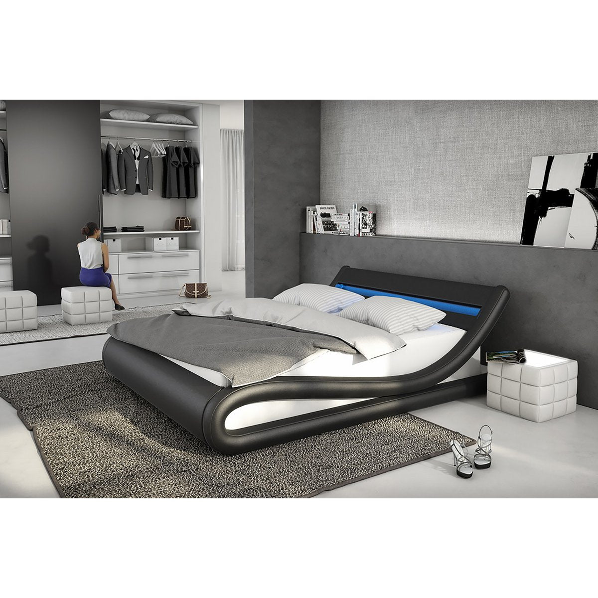 Upholstered bed 180x200 cm LED black and white faux leather look