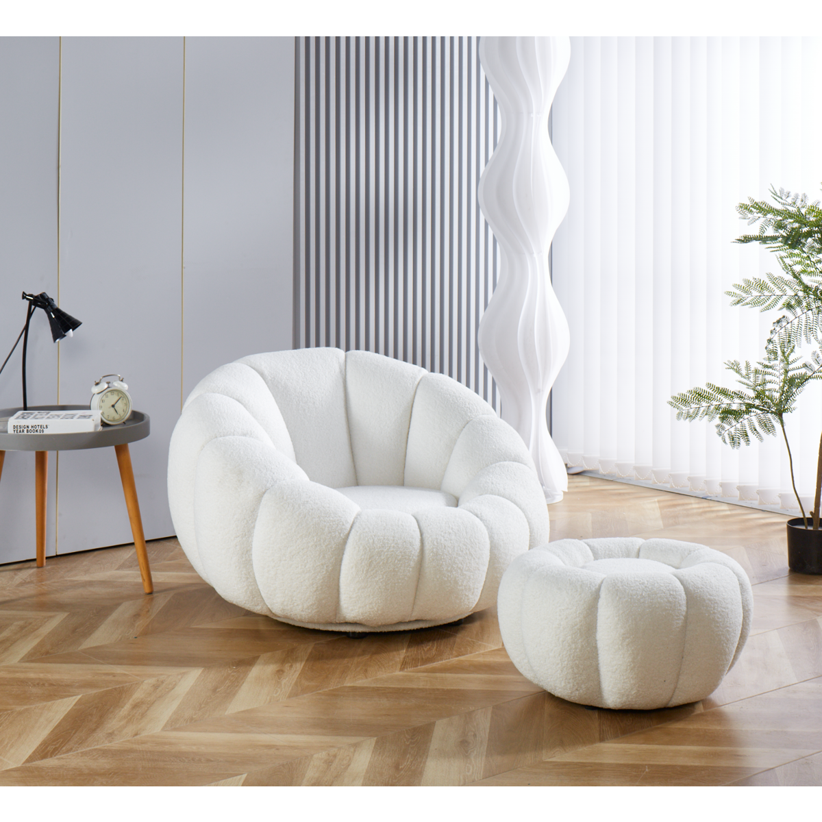 Armchair and stool set made of white teddy fur