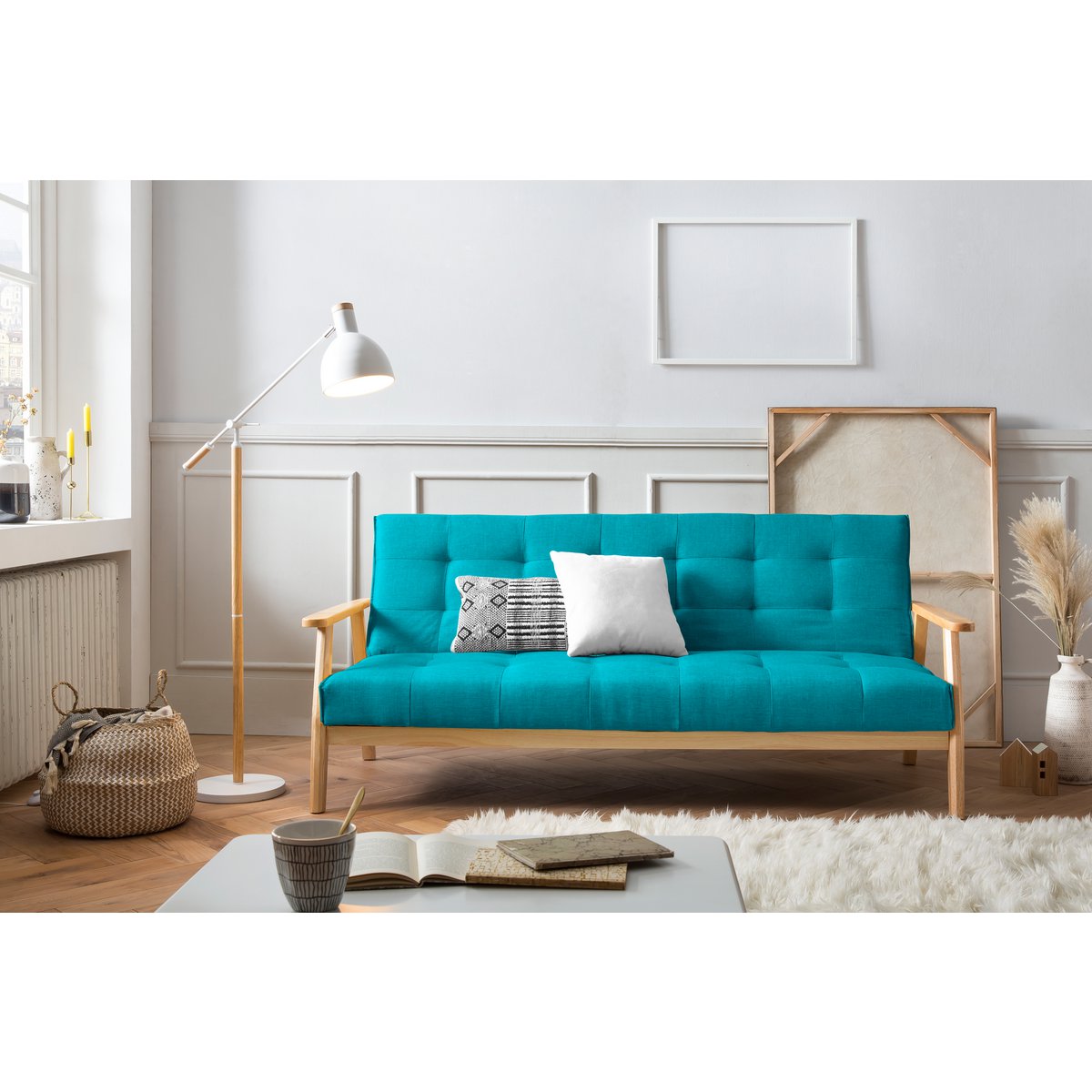 Sofa bed in Scandinavian textured petroleum