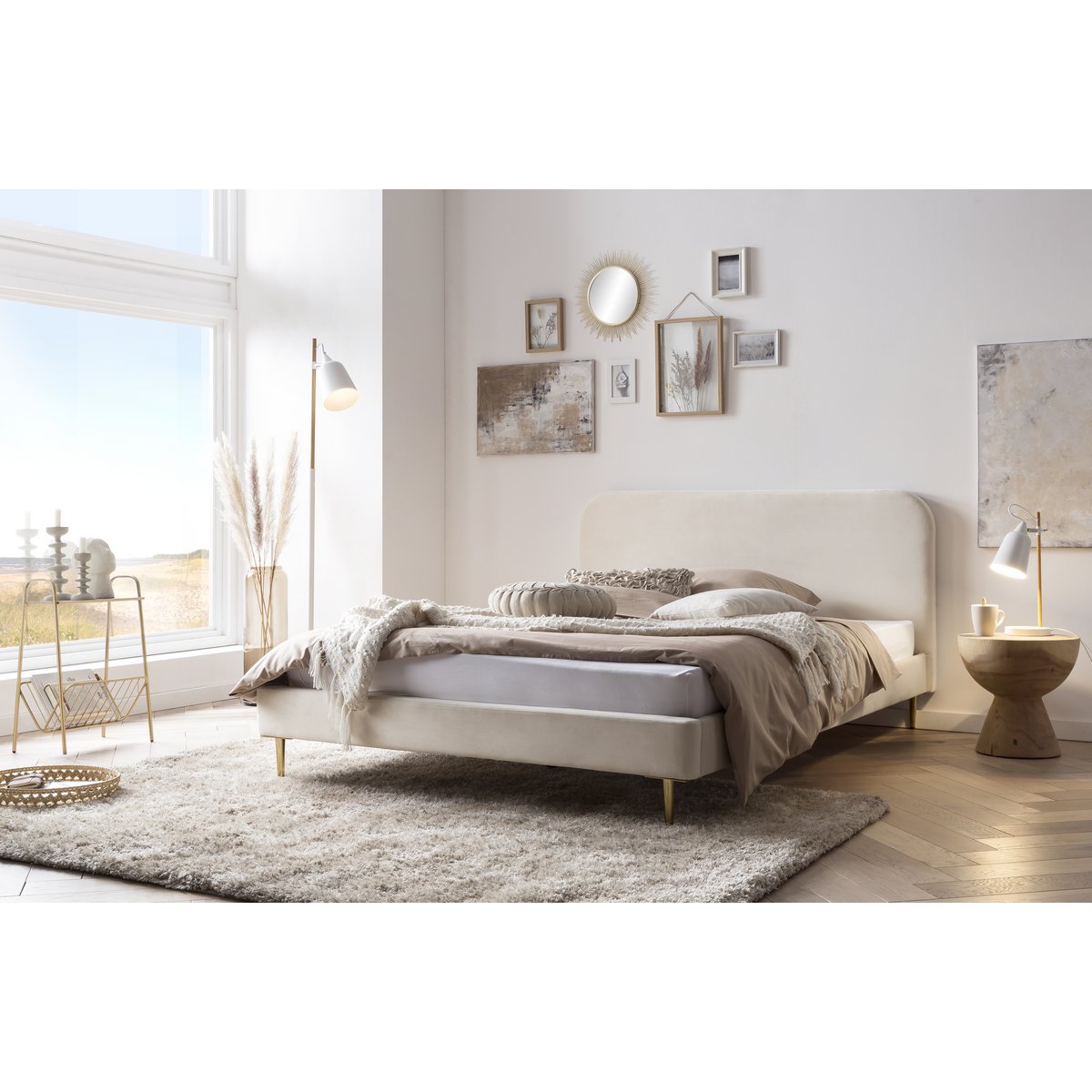 Upholstered bed with beige velvet cover 140x200 cm