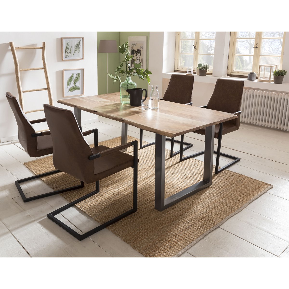 Dining chair, set of 2, light brown, imitation leather look