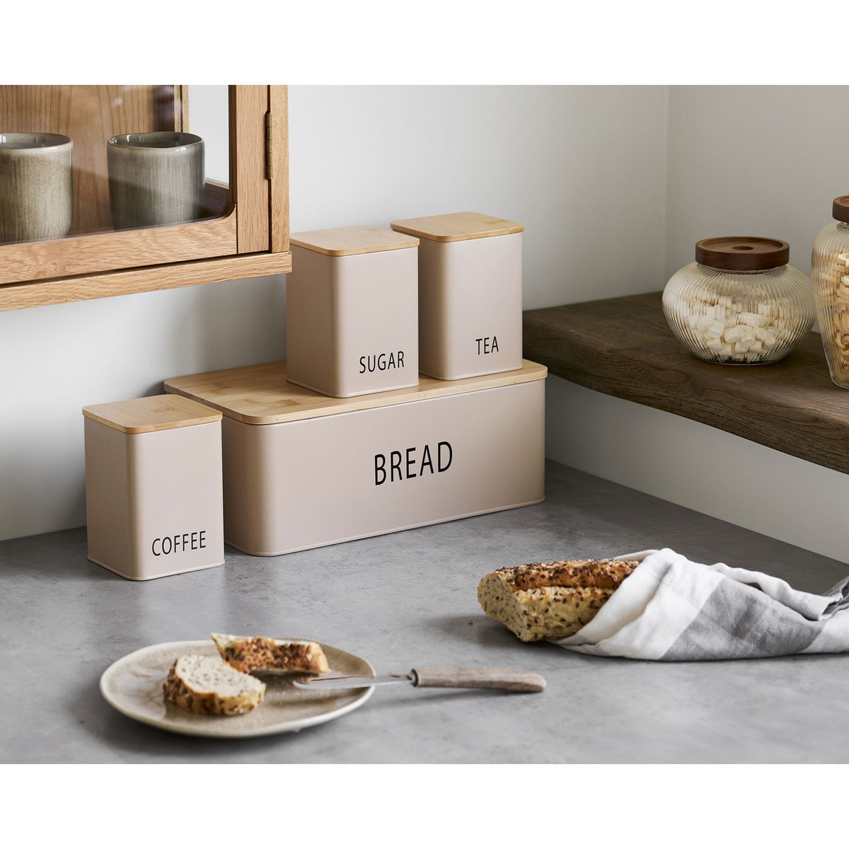 Tula Brotkasten mit 3 Dosen, Metall/Bambus, beige, 4er-Set