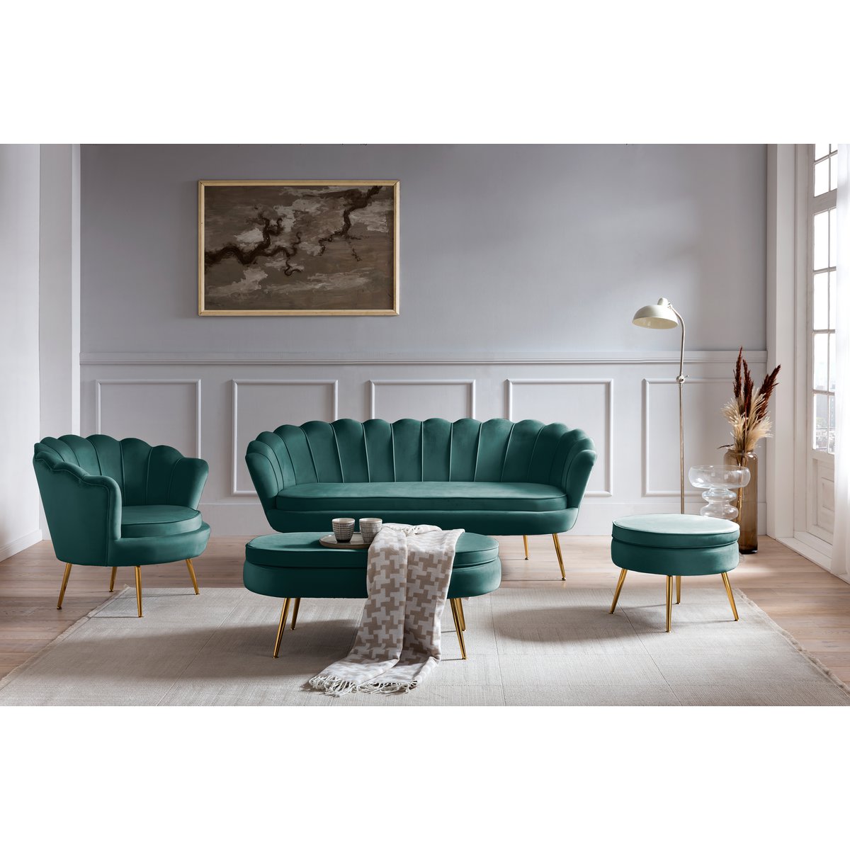 3 seater velvet shell sofa green