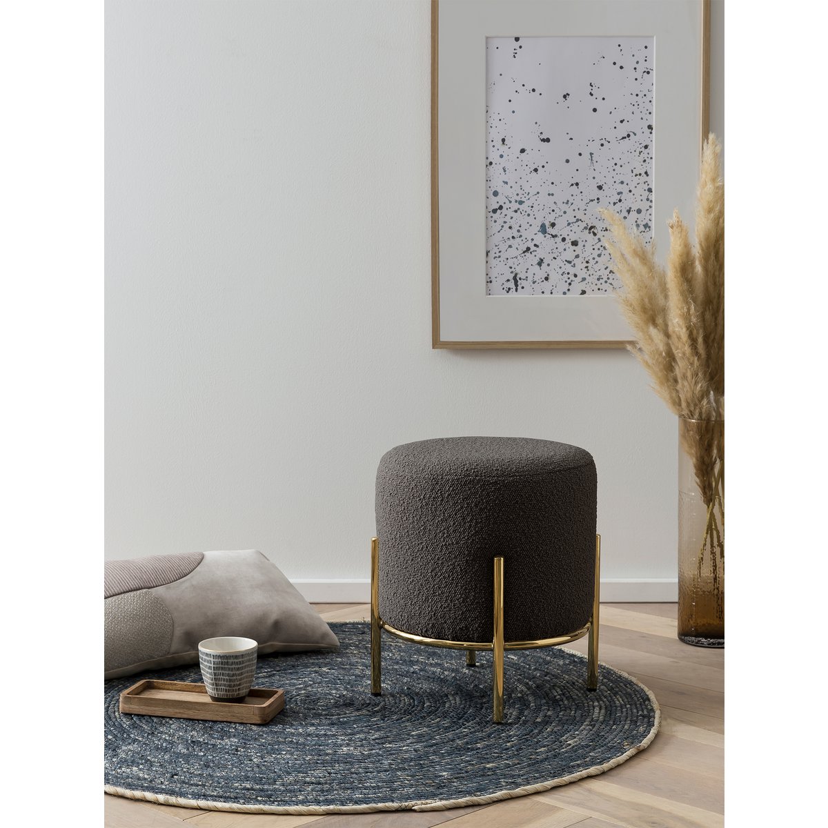 Polsterhocker Ø35 cm Bouclé Stoff Anthrazit